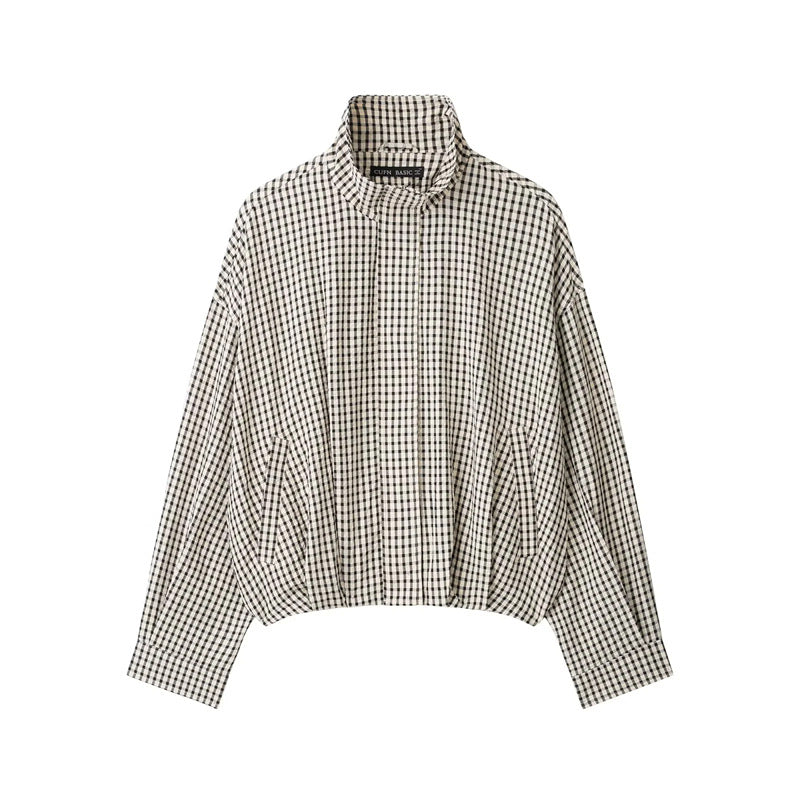 Women's short-cut checked bomber jacket with stand-up collar, elastic hem and concealed zipper Fashion Glam