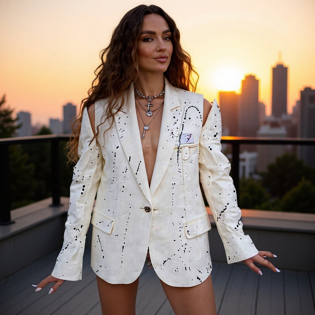 Women's Oversized Blazer with Cut-Out Shoulders and Color Splash Look Fashion Glam