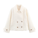 Ladies Boxy Boucle Double-Breasted Coat with Shirt Collar and Flap Pockets Fashion Glam