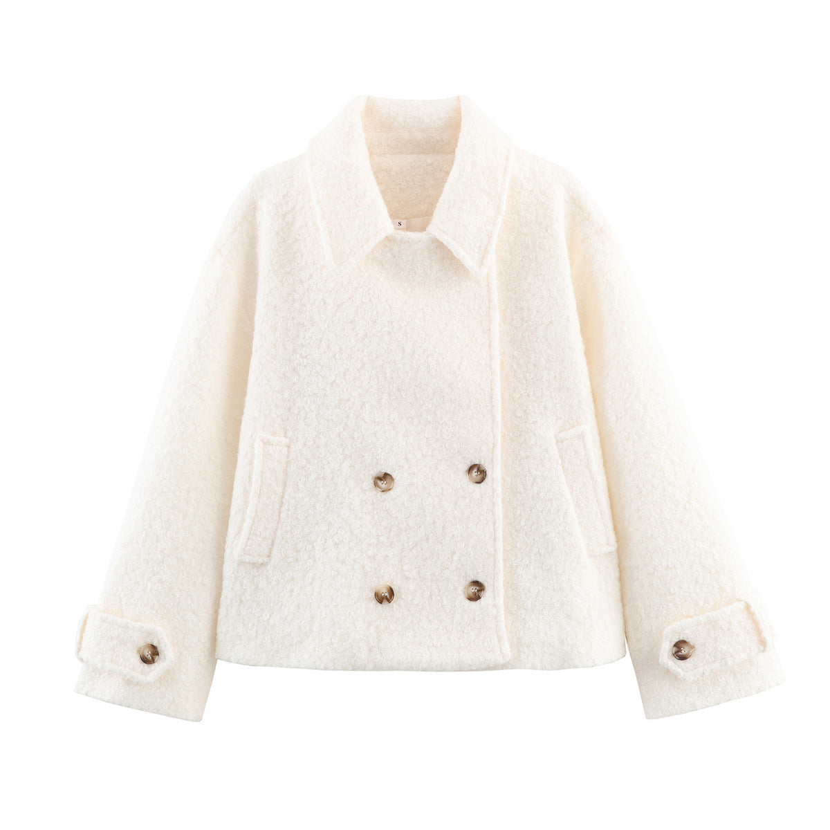 Ladies Boxy Boucle Double-Breasted Coat with Shirt Collar and Flap Pockets Fashion Glam