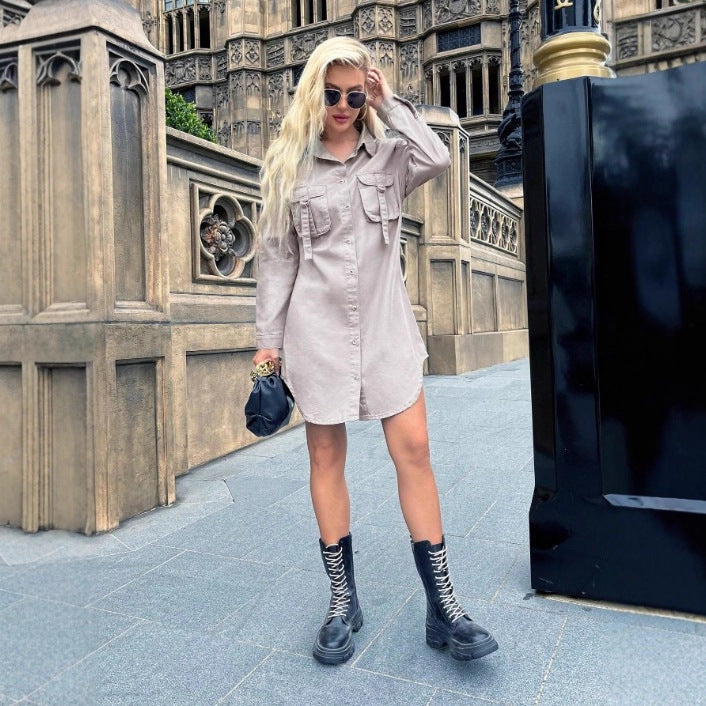 Women Oversized Shirt Dress with Flap Pockets and Curved Hem Fashion Glam