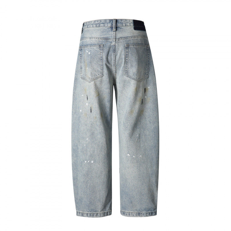 Men's Loose-Fit Vintage Denim Pants with Used Effect, Paint-Splatter and Distressed Details Fashion Glam
