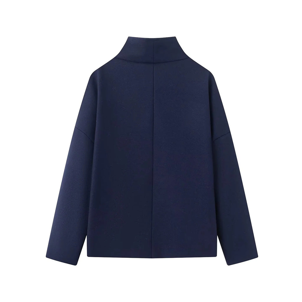 Women's Short Cut Boxy Wool Blend Coat with Stand-Up Collar and Concealed Double Button Placket Fashion Glam