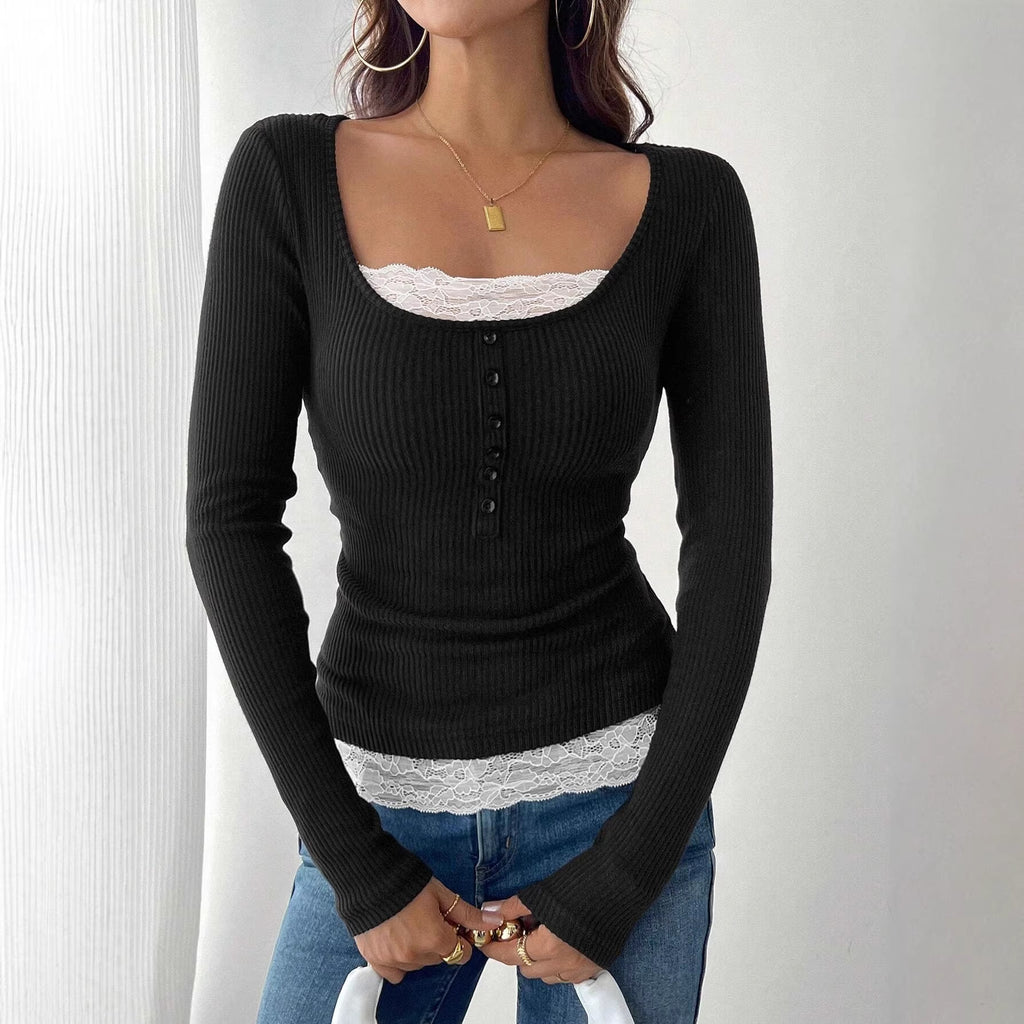 Women’s ribbed top with deep scoop neckline, decorative button placket and lace insert Fashion Glam