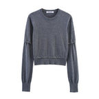Women's Short Fine Knit Sweater with Balloon Sleeves and Decorative Button Waist Fashion Glam