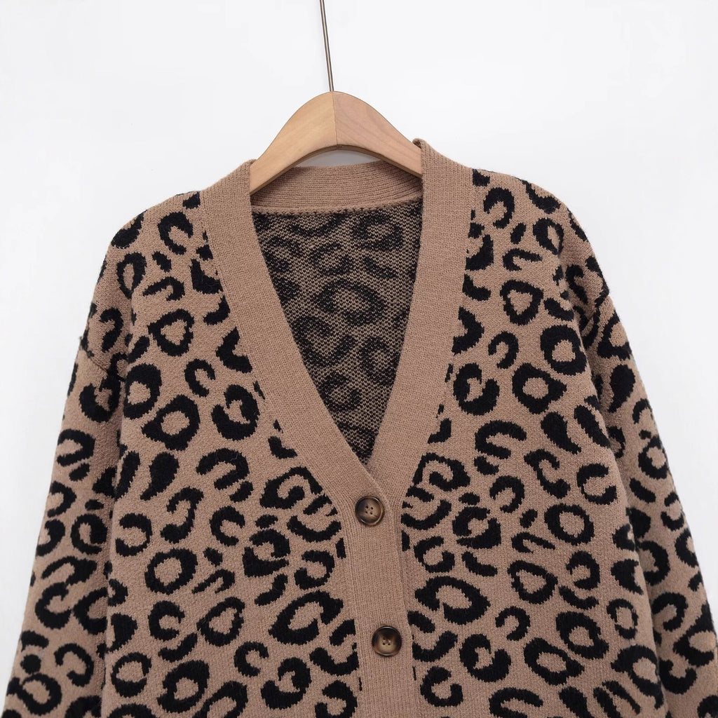 Women's Oversized Knit Cardigan with Leopard Print, V-Neck and Button Placket Fashion Glam