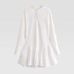 Women Loose Long Sleeve Tunic Dress with Henley Button Placket and Tiered Skirt Fashion Glam