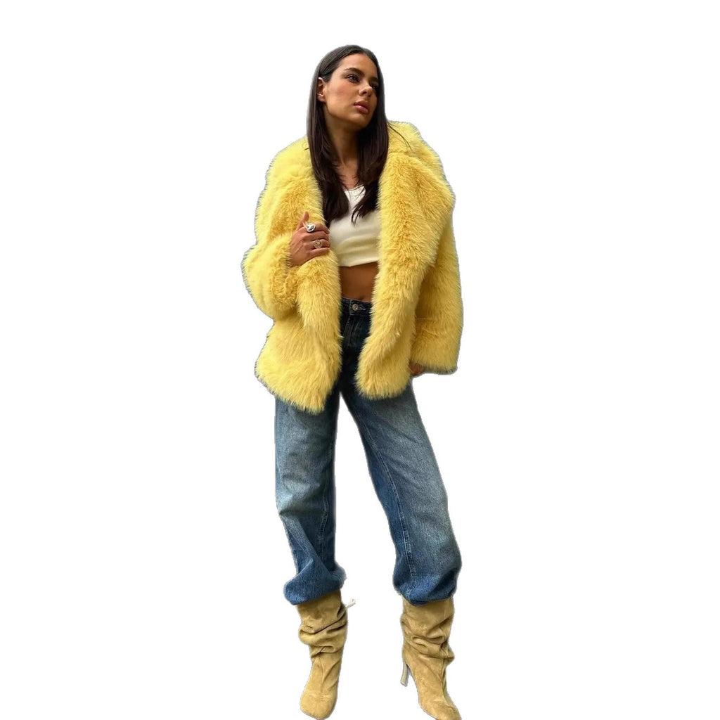 Women’s Short Oversized Faux Fur Coat with Voluminous Shawl Collar Fashion Glam