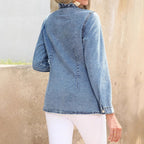 Women's Casual Long Denim Shirt Jacket with Stand Collar and Metal Button Placket Fashion Glam