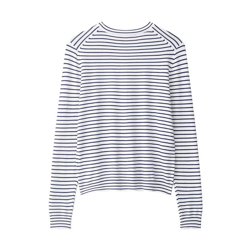 Women's fine knit cardigan with nautical striped pattern, round neckline and mother-of-pearl button placket Fashion Glam