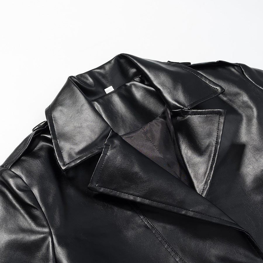 Women’s longline trench coat made of faux leather with a fitted belt and shoulder flaps Fashion Glam