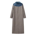 Women's Longline Coat in Houndstooth Mix with Velvet Shawl Collar and Decorative Pocket Trim Fashion Glam