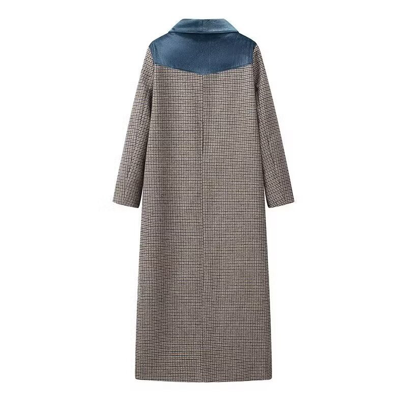 Women's Longline Coat in Houndstooth Mix with Velvet Shawl Collar and Decorative Pocket Trim Fashion Glam
