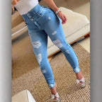 Women's High-Waisted Sculpting Skinny Jeans with Rips and Triple Button Fashion Glam
