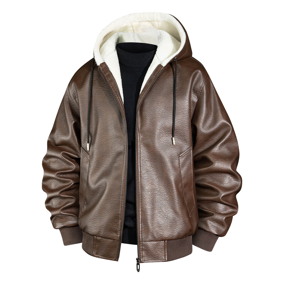 Men's leather bomber jacket with teddy lining and hood Fashion Glam