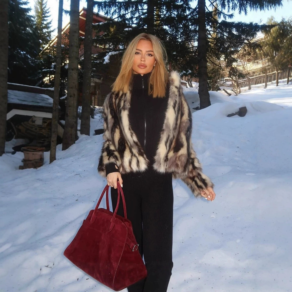 Ladies short cut boxy faux fur jacket with contrasting spot pattern and stand collar Fashion Glam