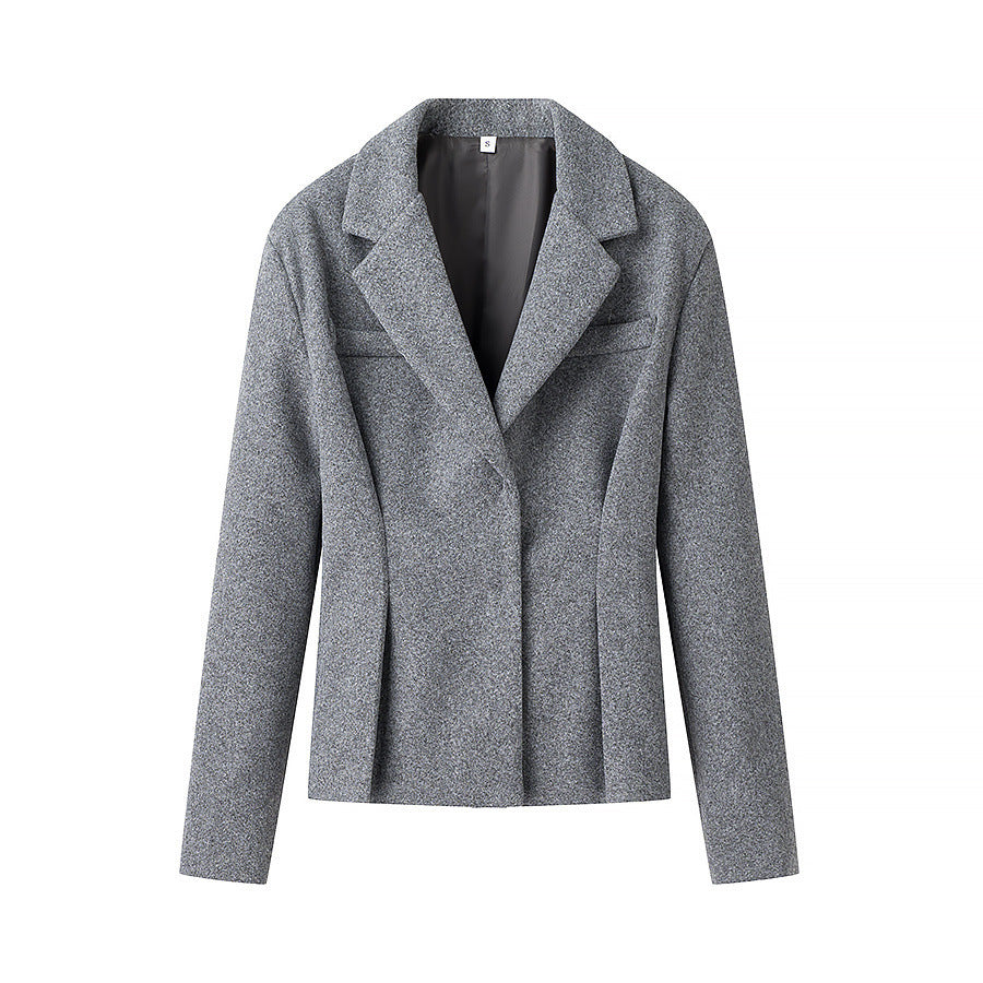 Women's Two-Piece Tailored Wool Suit with Textured Shoulder Blazer and Pleated Midi Skirt Fashion Glam