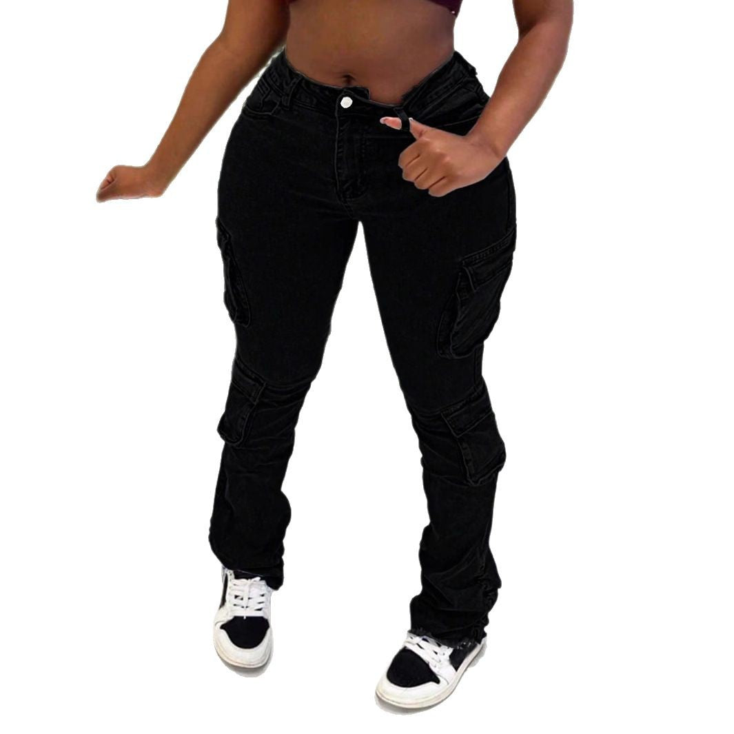 Ladies High-Waisted Cargo Jeans with Multiple Flap Pockets and Long Leg Fashion Glam