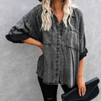 Women's Oversized Denim Blouse with Quilted Yoke, Button Placket and Patch Chest Pockets Fashion Glam