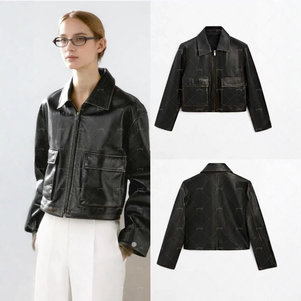 Women's Short Boxy Leather Look Jacket with Zip and Large Flap Pockets Fashion Glam