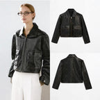 Women's Short Boxy Leather Look Jacket with Zip and Large Flap Pockets Fashion Glam