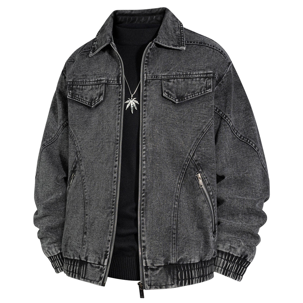 Men's Oversized Jeans Bomber Jacket with Stone Wash, Zipper and Ribbed Hem Fashion Glam
