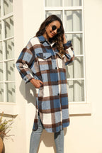 Women's Checked Longline Shacket Coat with Rounded Hem and Patch Breast Pockets Fashion Glam