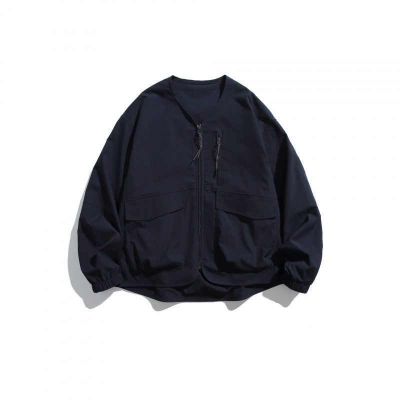 Unisex Lightweight Oversize Utility Jacket without Collar with Front Zipper and Patch Pockets Fashion Glam