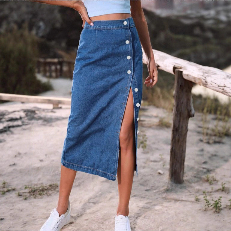 Ladies jeans midi skirt with side button placket and high thigh slit Fashion Glam