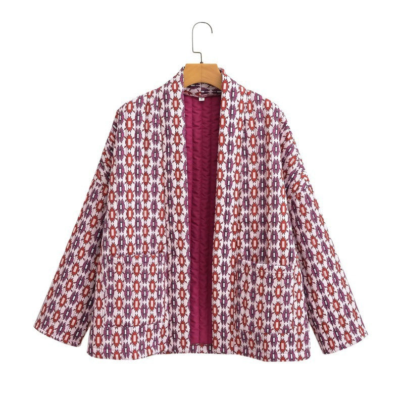 Women Quilted Kimono Overlay Jacket with Open Cut and Patch Pockets Fashion Glam