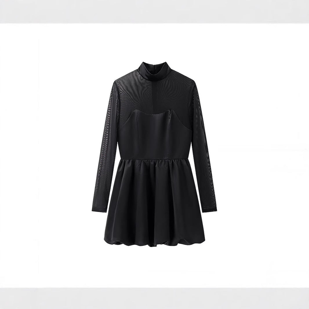 Women Short Mesh Sheath Dress with Stand Collar, Heart-Shaped Neckline and Fitted Flared Skirt Fashion Glam