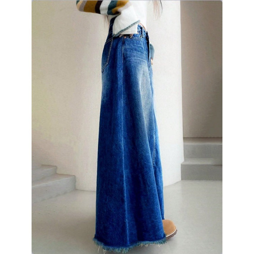 Women's Longer Vintage Jeans Skirt in A-Line Cut with High-Waisted Band and Frayed Hem Fashion Glam