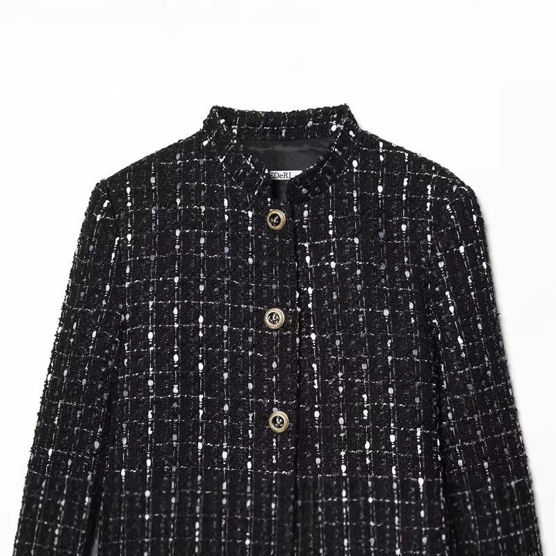 Women's short bouclé tweed jacket with stand-up collar, decorative buttons and patch pockets Fashion Glam