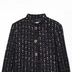 Women's short bouclé tweed jacket with stand-up collar, decorative buttons and patch pockets Fashion Glam