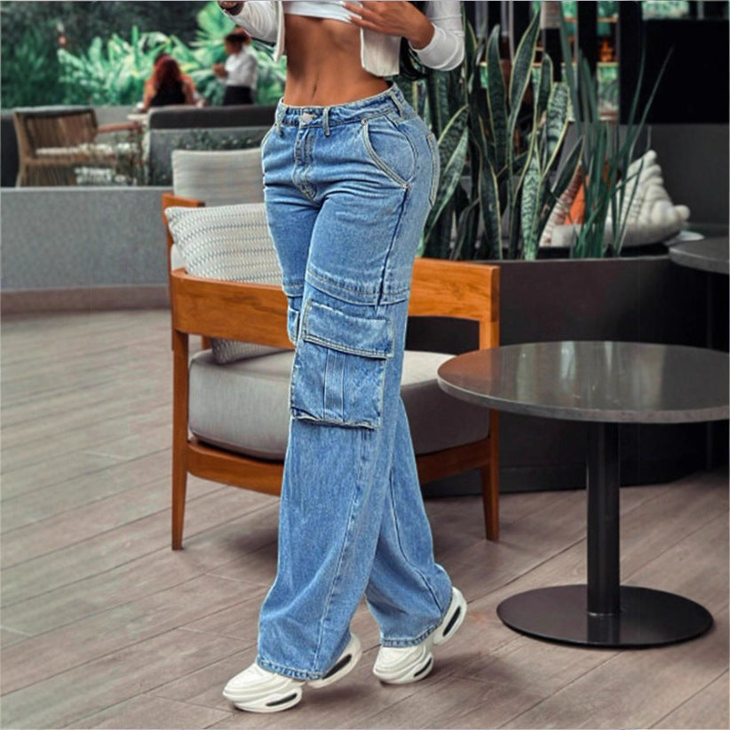 Women's casual cargo denim baggy trousers with extra-large flap pockets and straight leg Fashion Glam