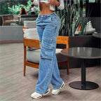 Women's casual cargo denim baggy trousers with extra-large flap pockets and straight leg Fashion Glam