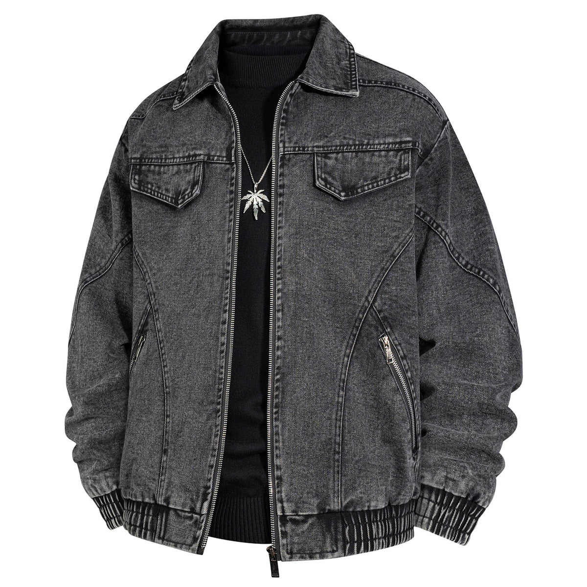 Men's Oversized Jeans Bomber Jacket with Stone Wash, Zipper and Ribbed Hem Fashion Glam