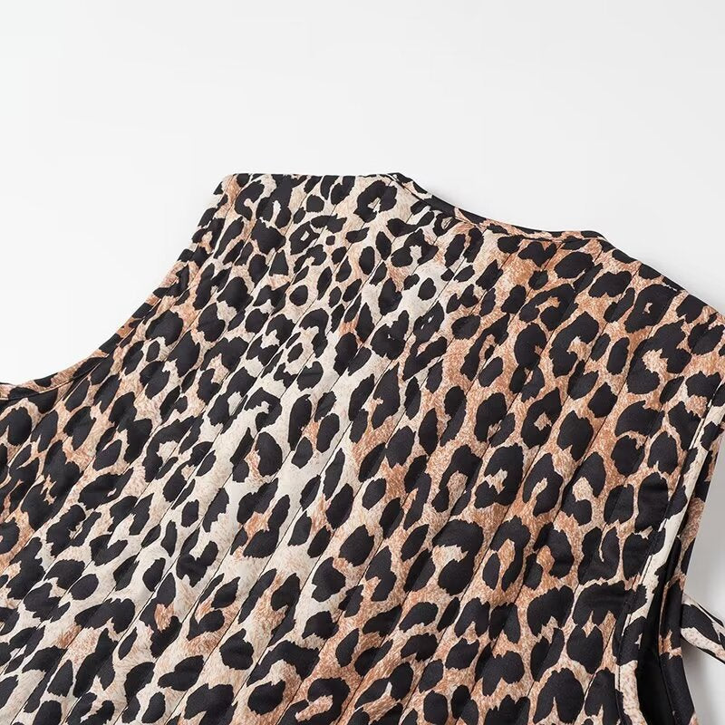 Women's Sleeveless Satin Blouse Top with Leopard Print and Double Bow Front Fashion Glam