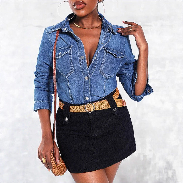 Women's tailored denim shirt with patch pockets and snap front Fashion Glam