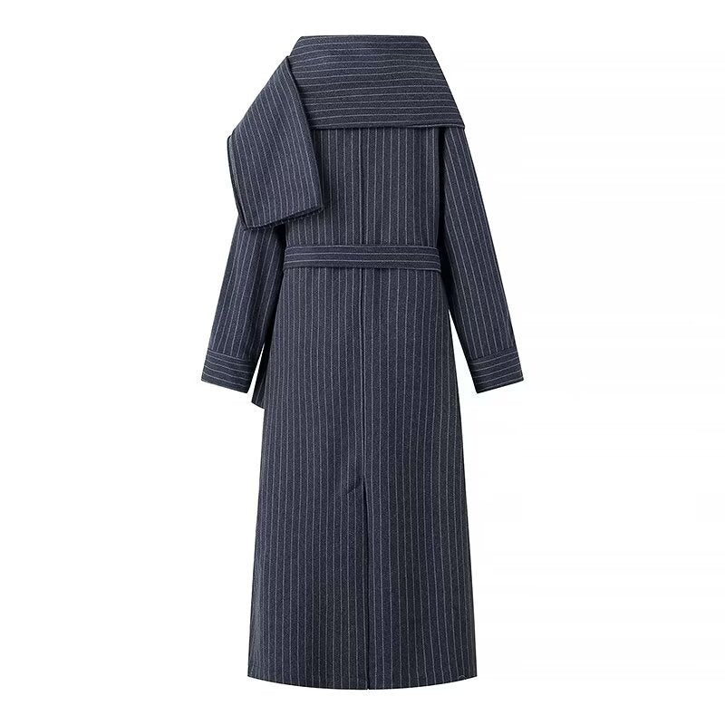 Women's Long Cut Pinstripe Coat in Trench Coat Look with Tie Belt Fashion Glam
