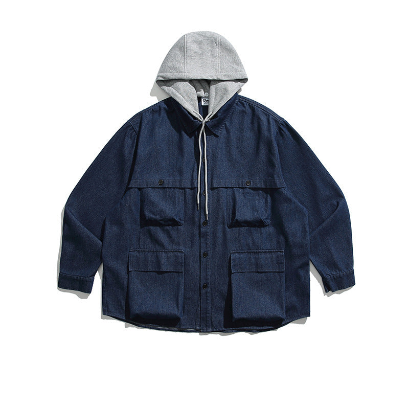 Unisex Boxy Jeans Overshirt Jacket with Attached Hood and Multifunction Pockets Fashion Glam
