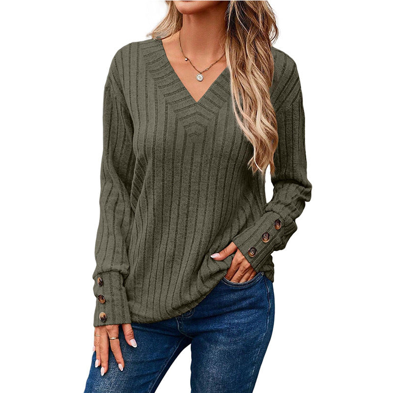 Women's Ribbed V-Neck Knit Sweater with Button Cuffs Fashion Glam