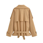 Women's Short Trench Coat with Cap Collar, Shoulder Tabs and Bow Tie Waist Belt Fashion Glam