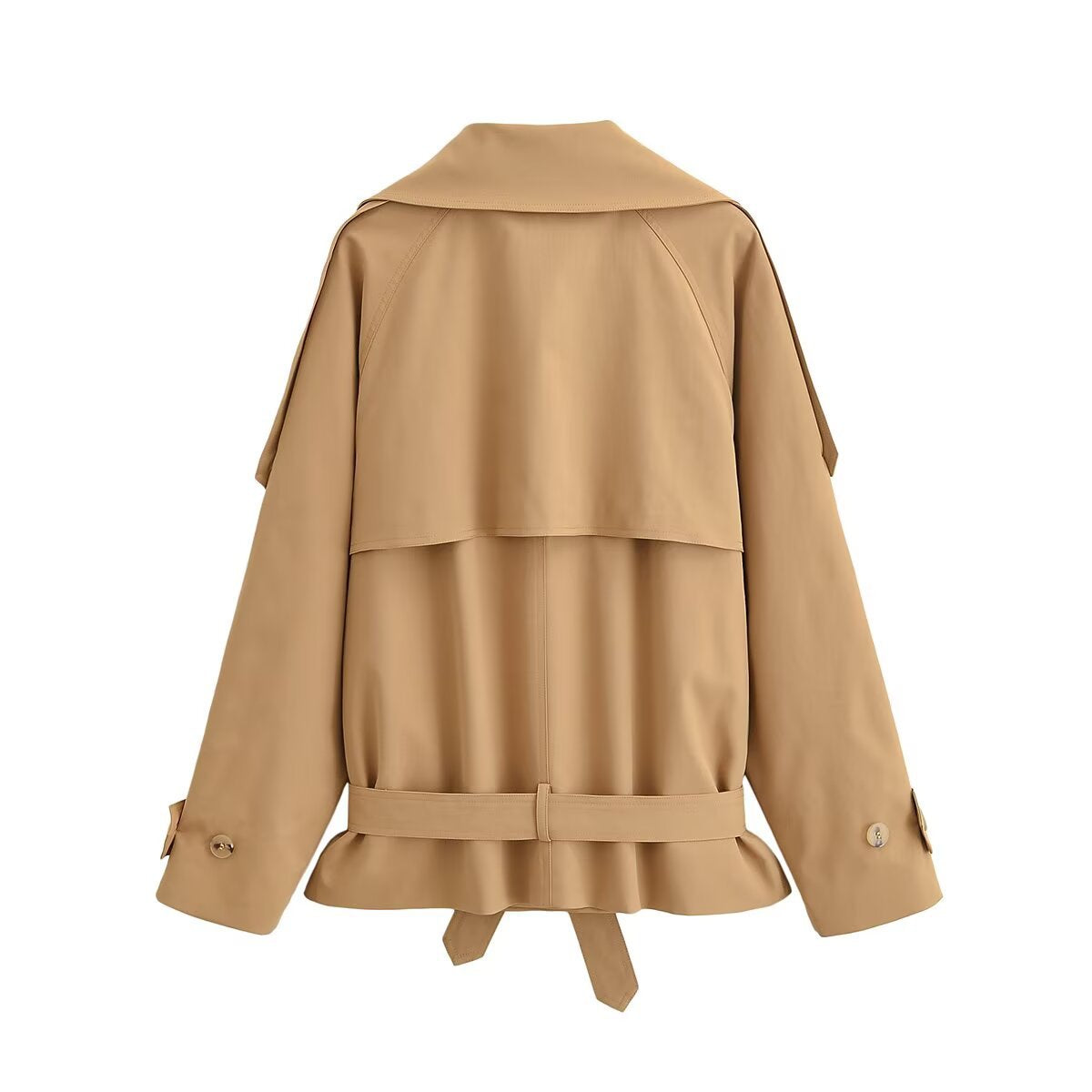 Women's Short Trench Coat with Cap Collar, Shoulder Tabs and Bow Tie Waist Belt Fashion Glam