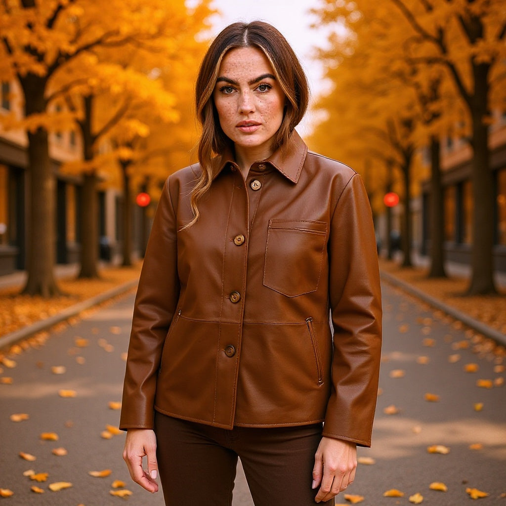 Women's short jacket made of faux leather in shirt jacket style with applied breast pocket Fashion Glam