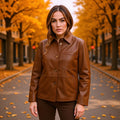 Women's short jacket made of faux leather in shirt jacket style with applied breast pocket Fashion Glam
