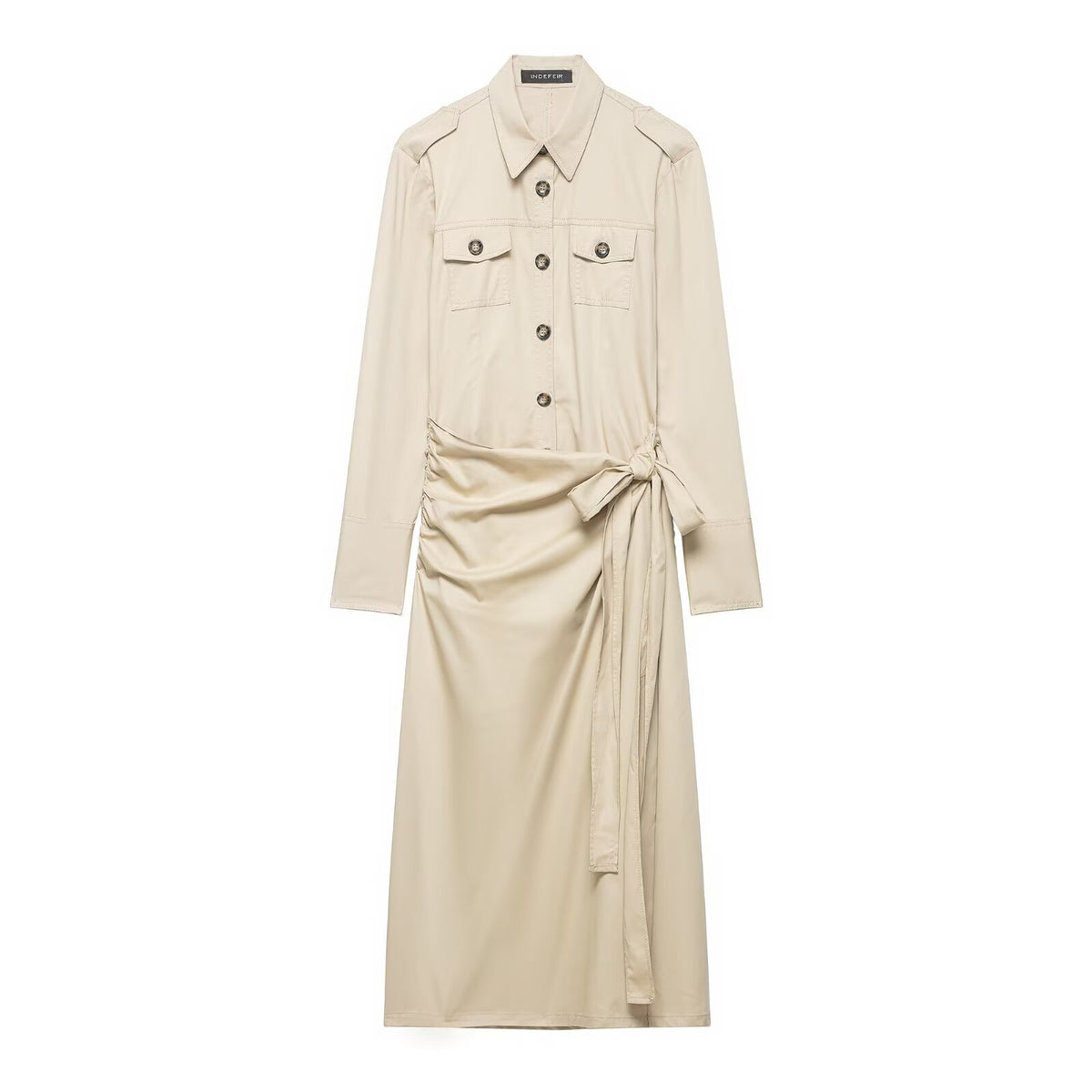 Ladies' shirt dress with knot tie belt, flap pockets and slim waist Fashion Glam