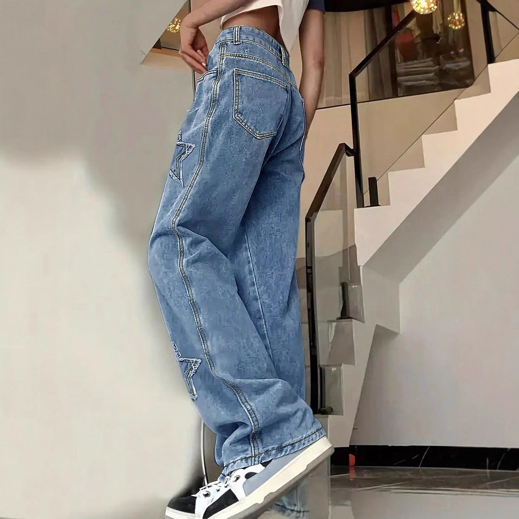 Women's extra-wide baggy jeans made of lightweight denim with star appliqués and extended silhouette Fashion Glam