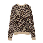 Women's Fluffy Knit Sweater with Leopard Print and Crew Neck Fashion Glam