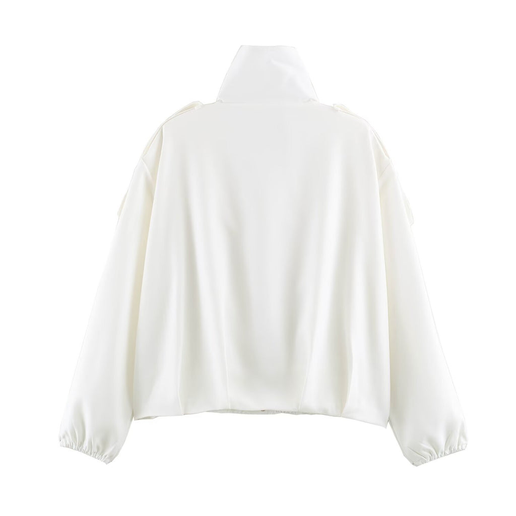 Women's short jacket in oversized bomber style with high stand-up collar and shoulder patches Fashion Glam